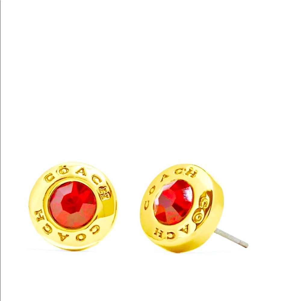 Coach Open Circle Red Stone Strand Earrings Boxed; Size:ONE SIZE; Color:Red/Gold